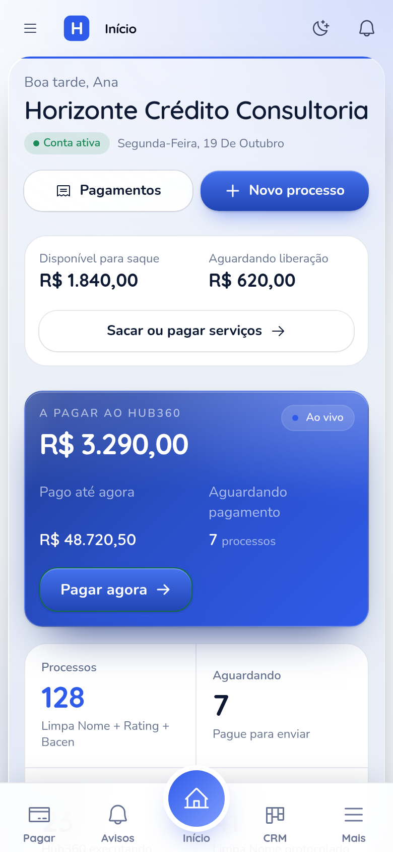 Painel do parceiro aberto no celular